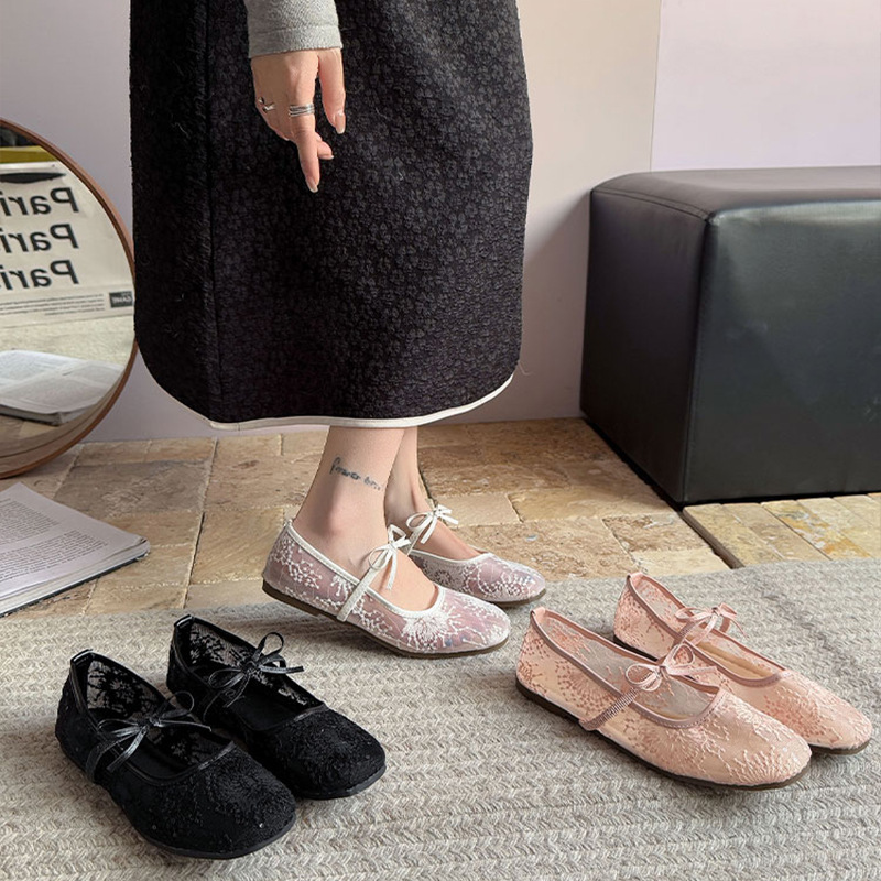 Embroidery Flat Shoes - Sapatos planos de balé suave feminino