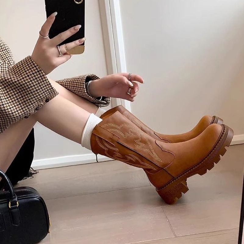 Embroidery On Leather - Botas femininas de couro retrô com