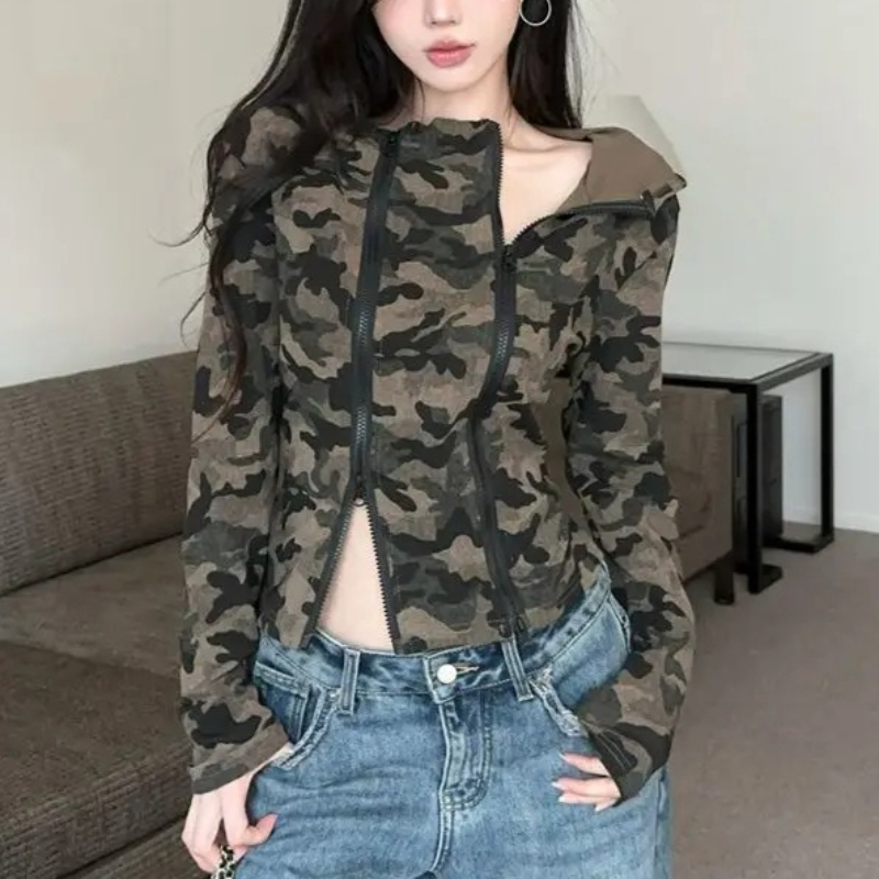 Embroidery Zip Up Hoodie - Feminino camo zip-up hoodie recortado ajuste