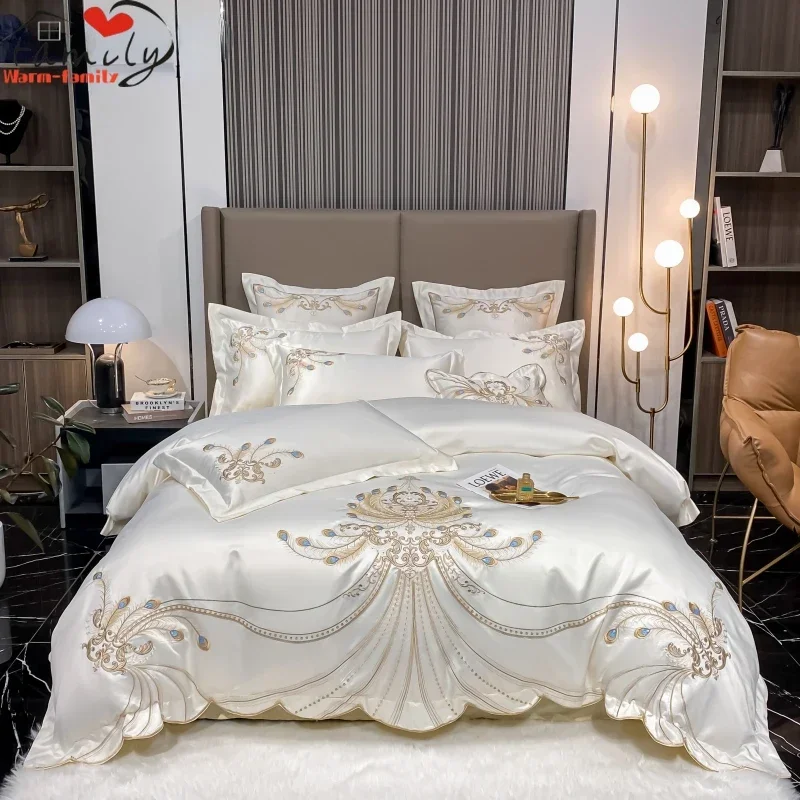 Embroidery Quilt Cover - Luxo Ouro Pena Bordado Bedding Set,