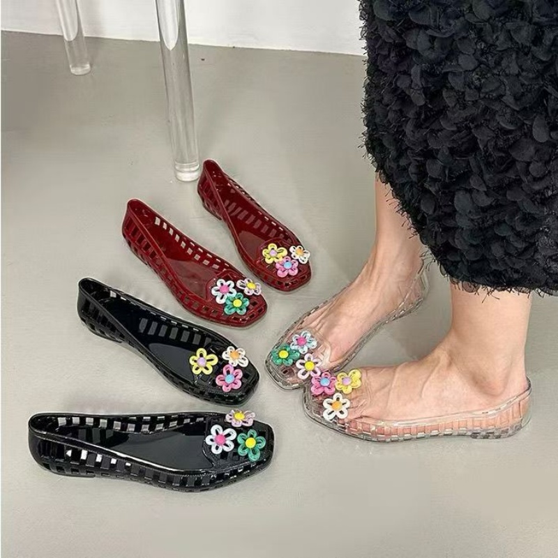 Embroidery Flat Shoes - Sapatos de gelatina vazados estilo kawaii