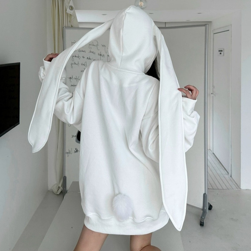 Embroidery Zip Up Hoodie - 2025 outono kawaii coelho grandes orelhas