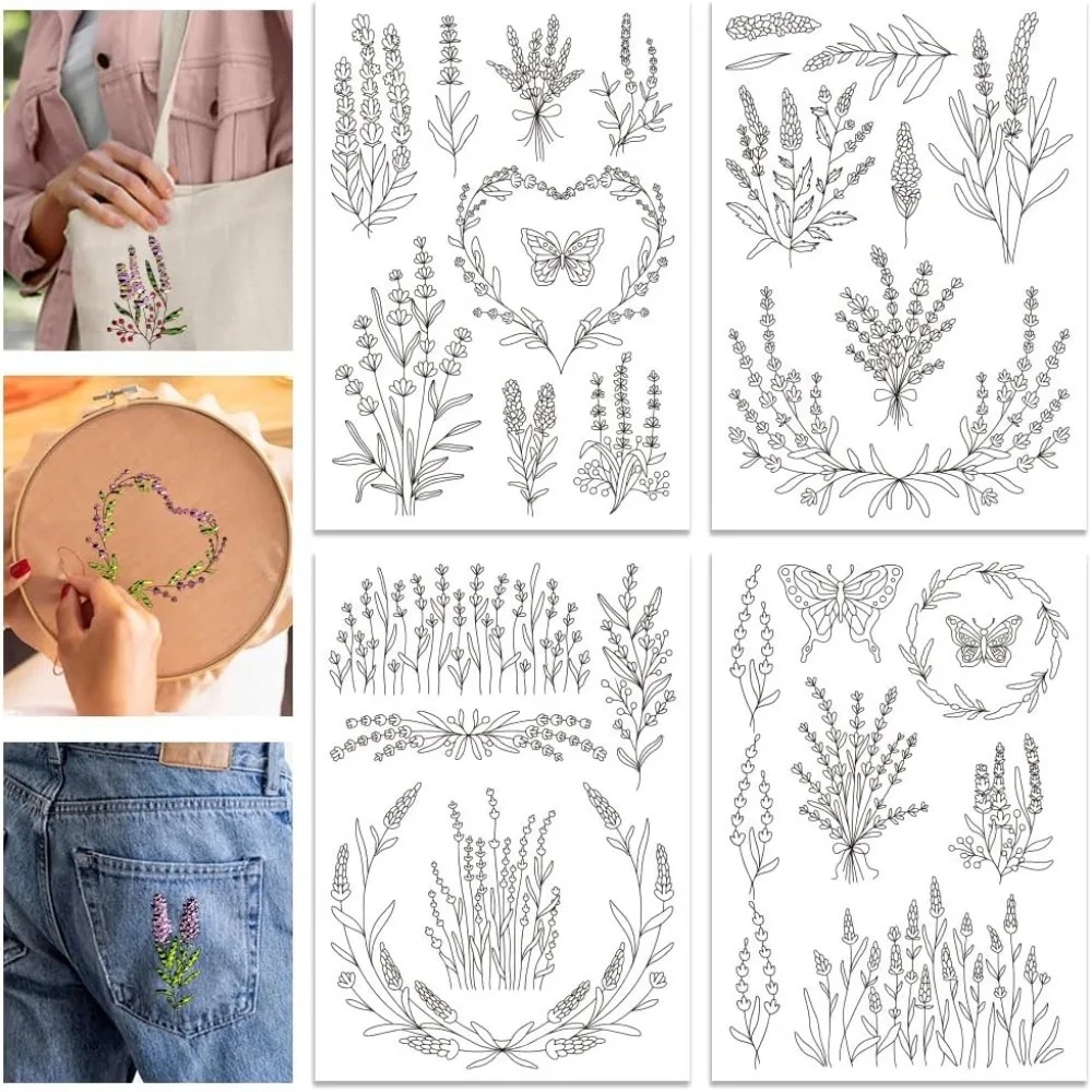 Embroidery Sheet - 4 folhas lavanda flor borboleta estabilizador