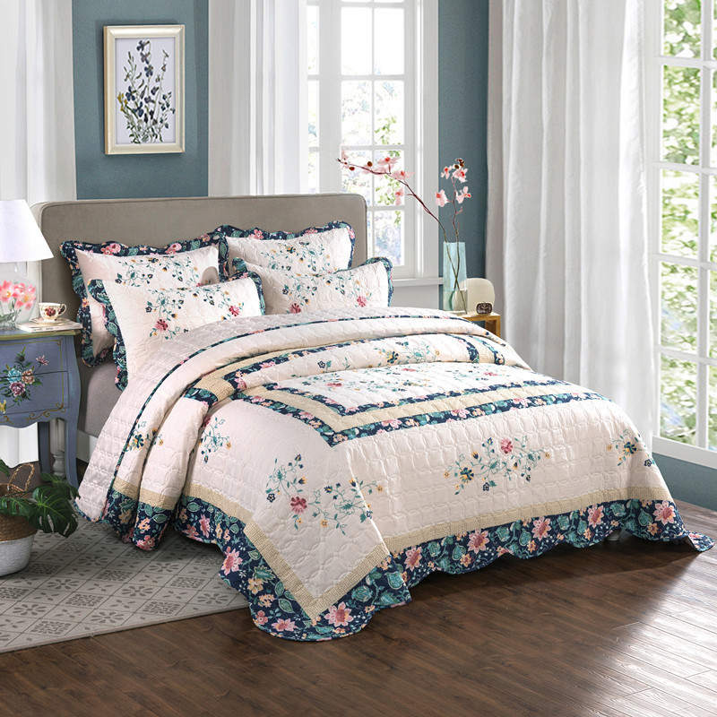 Embroidery Quilt Cover - Algodão floral acolchoado Colcha Set, bordado