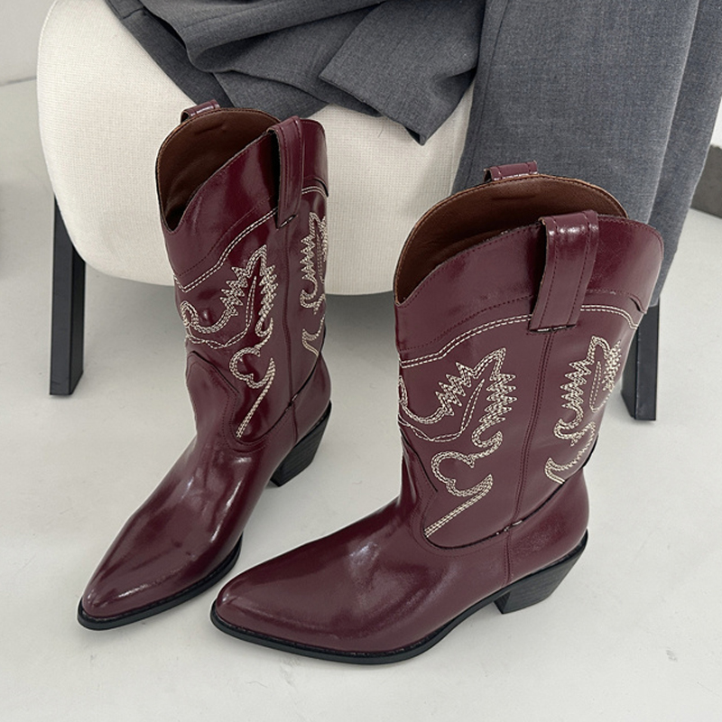 Embroidery On Leather - Liyke designer vinho vermelho couro botas
