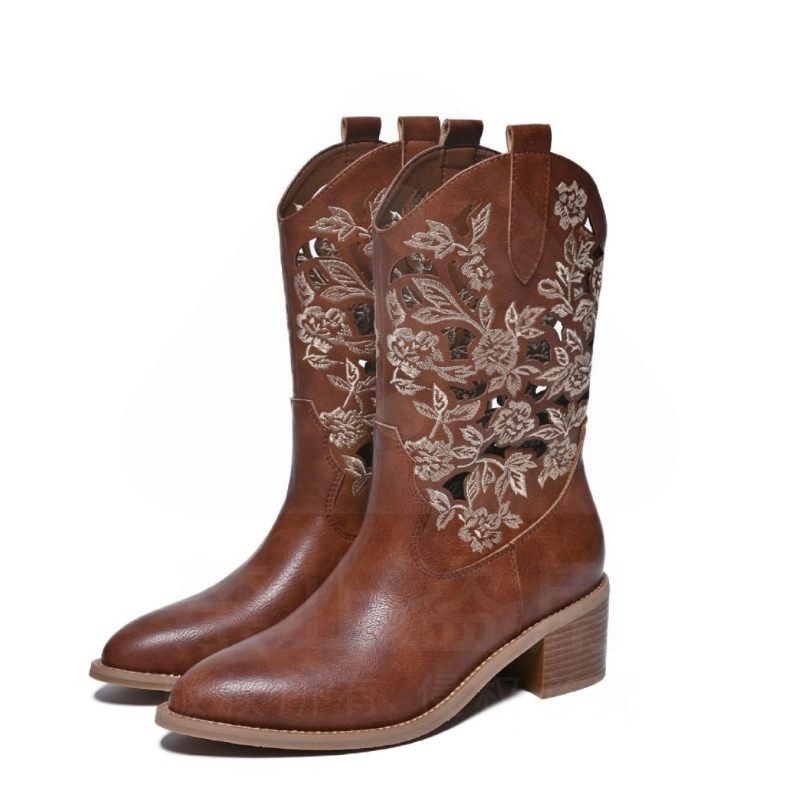 Embroidery On Leather - Botas Femininas Retrô de Couro Genuíno