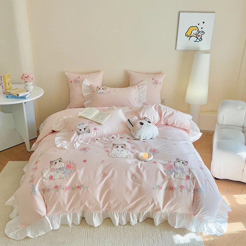 Embroidery Quilt Cover - Rosa puro algodão bonito dos desenhos