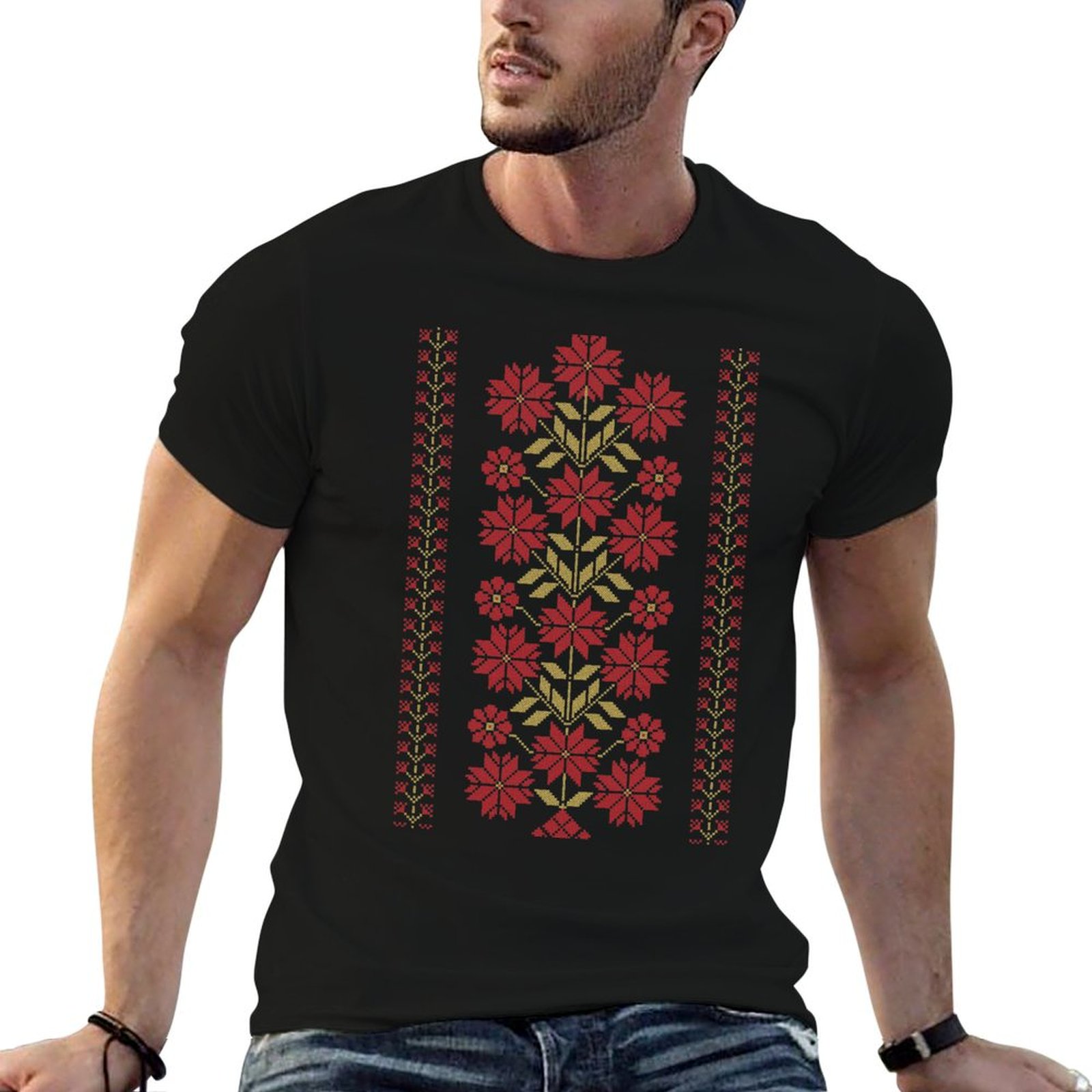 Embroidery Design Patterns Flowers - Camiseta Tradicional com Bordado Tatreez e