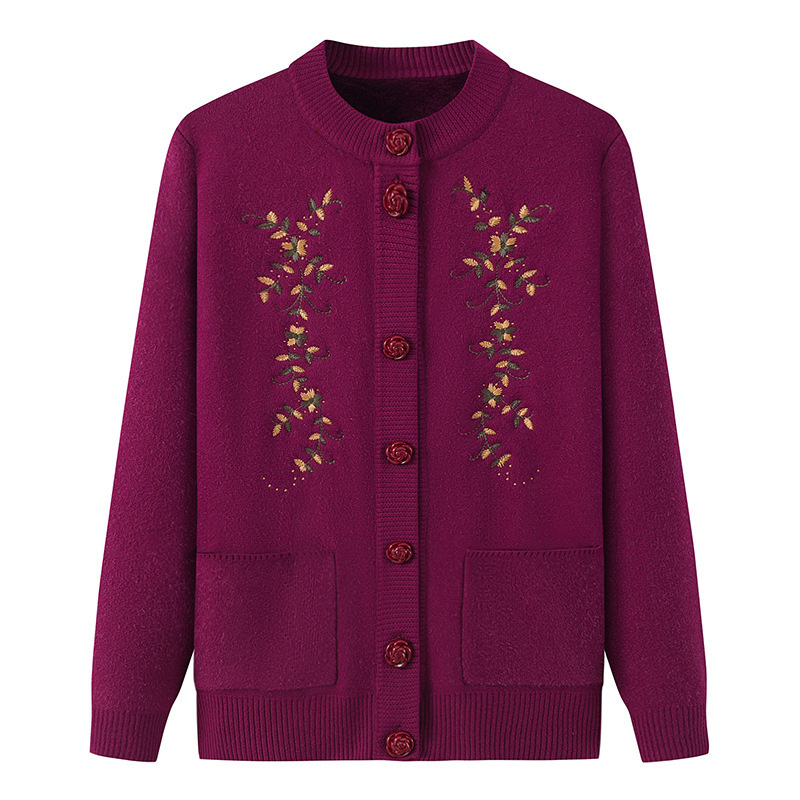 Embroidery Thread Yarn - Cardigan de malha feminino de meia-idade