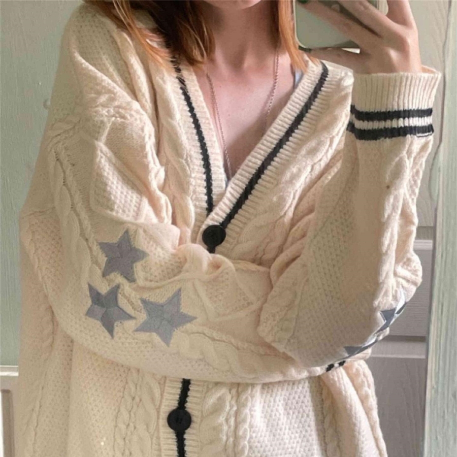 Embroidery Thread Yarn - Cardigan bordado estrela monocromático, suéter de