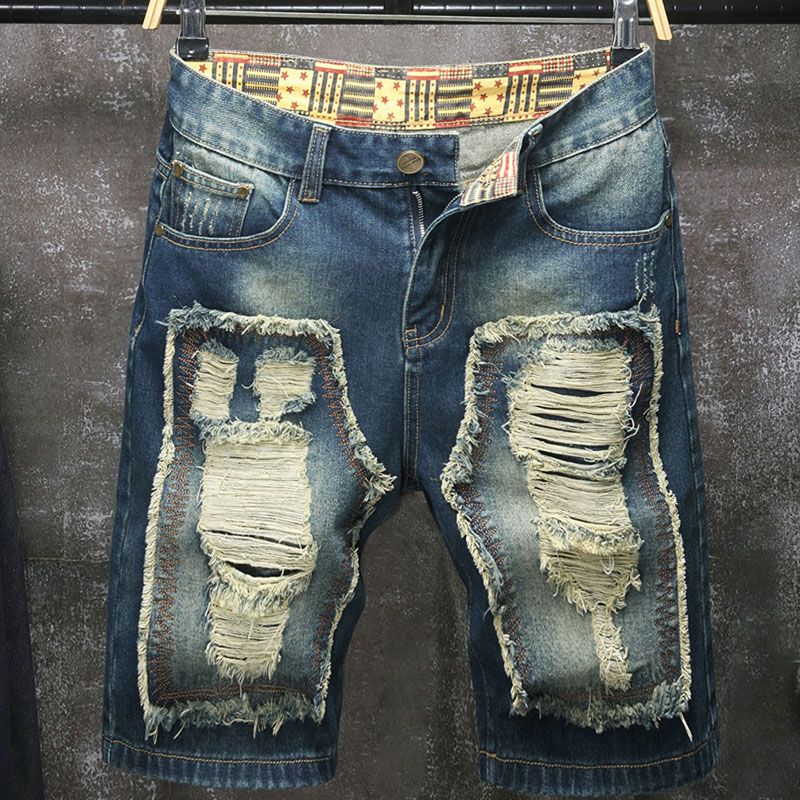 Embroidery Patches - Novos shorts jeans masculinos de cinco