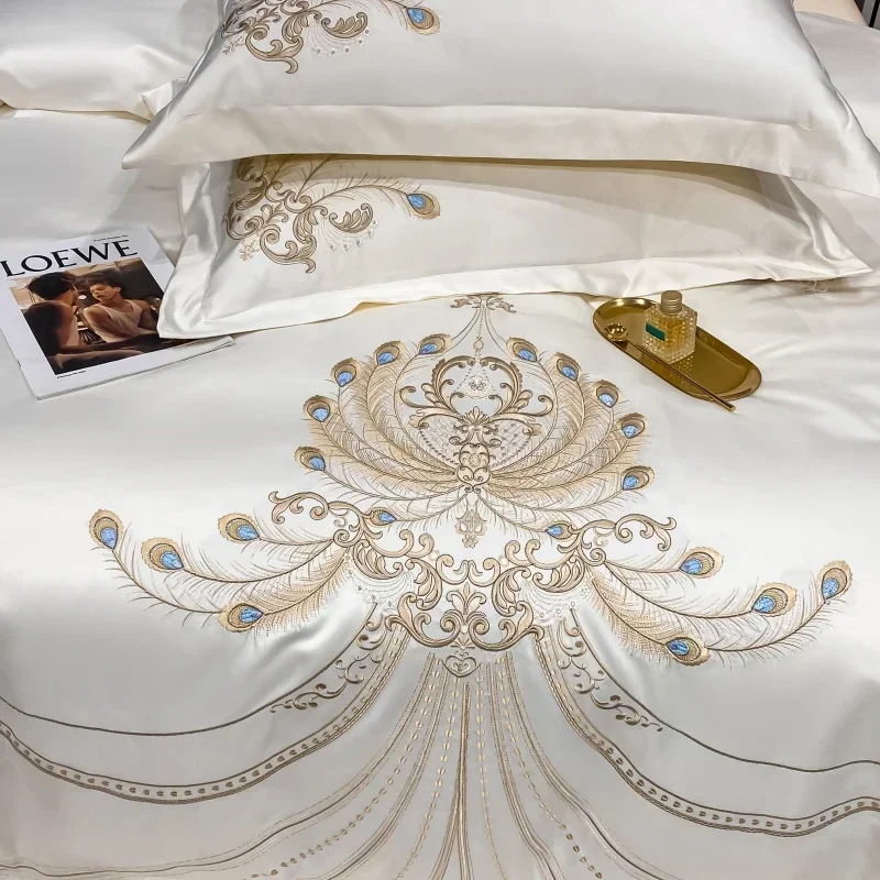 Luxo Ouro Pena Bordado Bedding - Embroidery Quilt Cover avaliação e preço