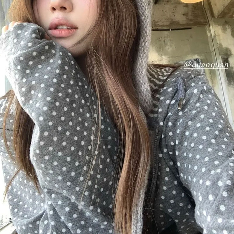 Coreano polka dot casual impre - Embroidery Zip Up Hoodie avaliação e preço