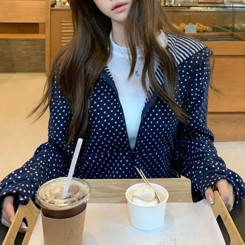 Coreano polka dot casual impre - Embroidery Zip Up Hoodie avaliação e preço