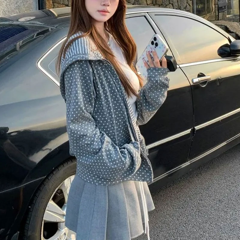 Coreano polka dot casual impre - Embroidery Zip Up Hoodie avaliação e preço