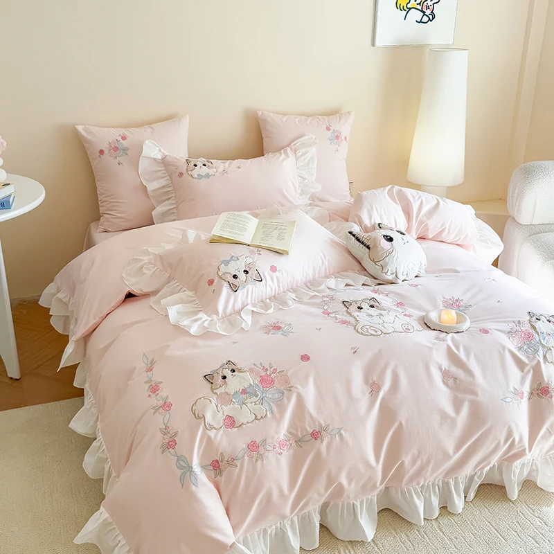 Rosa puro algodão bonito dos d - Embroidery Quilt Cover avaliação e preço